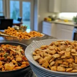 A close-up of a bowl of homemade Gluten Free Chex Mix, featuring seasoned Chex cereal, nuts, and pretzels, with other snacks and kitchen elements in the background.