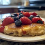 Close-up of a fluffy pancake topped with fresh strawberries, blueberries, and syrup on a white plate.