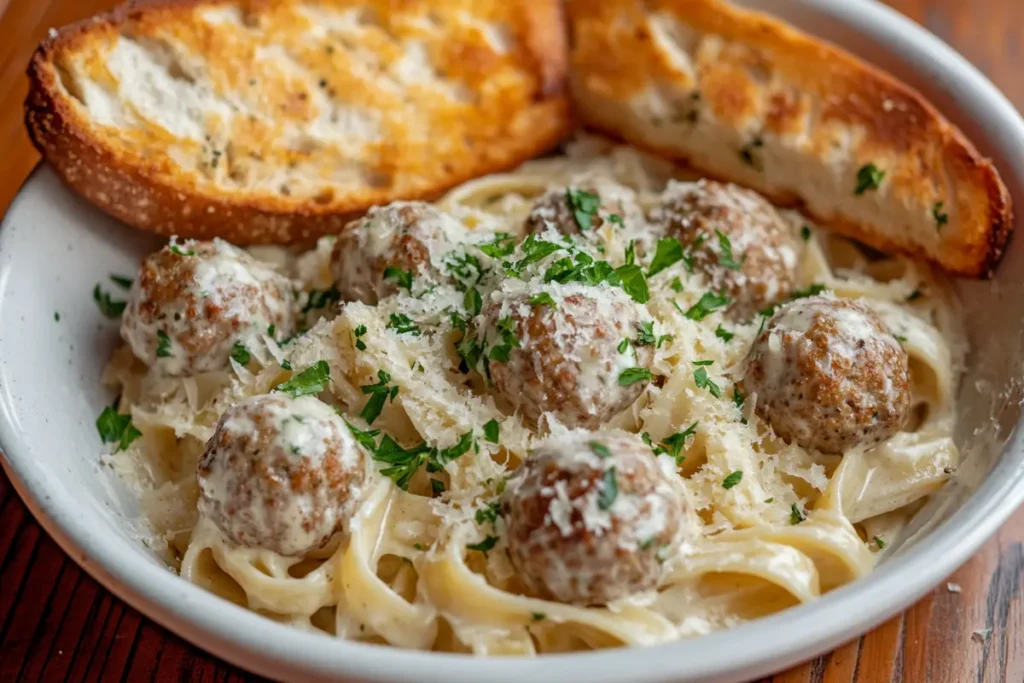 Delicious Alfredo meatballs served over fettuccine pasta with grated Parmesan, fresh parsley, and toasted garlic bread.