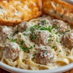 Delicious Alfredo meatballs served over fettuccine pasta with grated Parmesan, fresh parsley, and toasted garlic bread.