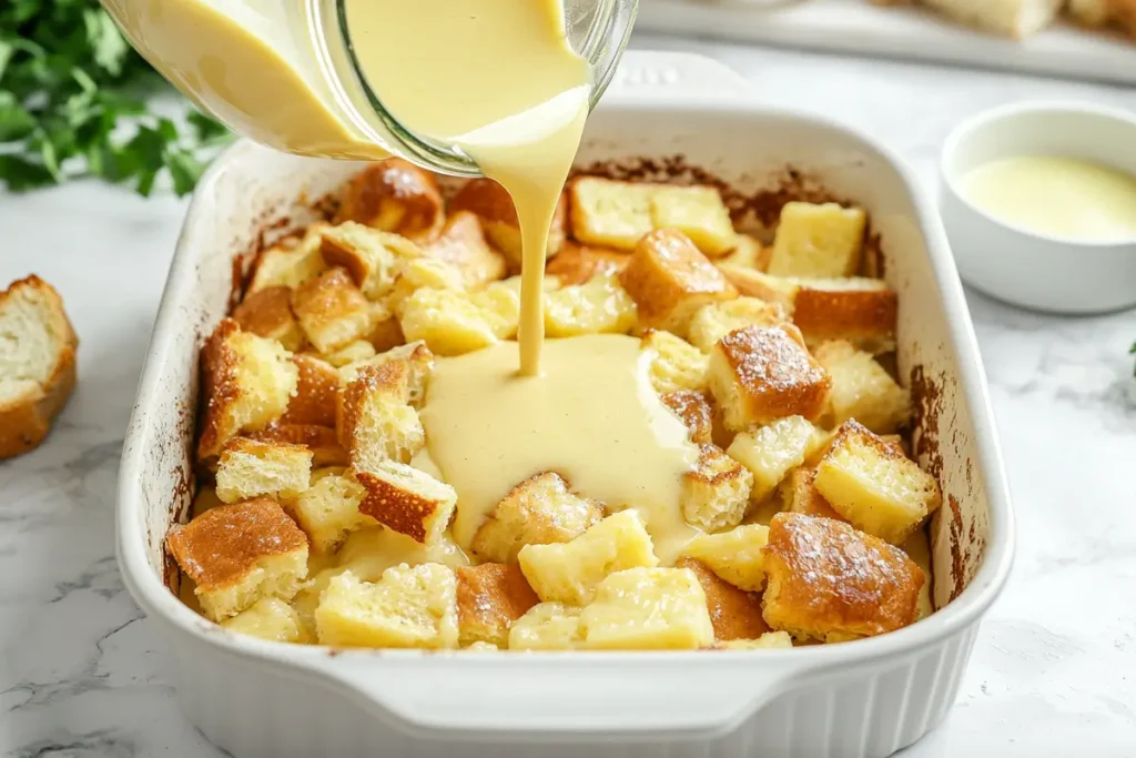 Custard being poured over brioche cubes in a baking dish.