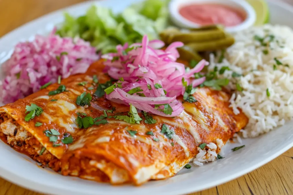 Enchiladas Michoacanas served with pickled onions, rice, lettuce, and traditional garnishes.