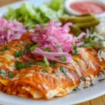 Enchiladas Michoacanas served with pickled onions, rice, lettuce, and traditional garnishes.