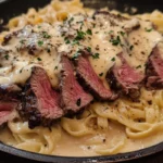 Creamy beef Alfredo pasta with tender sliced steak, topped with fresh parsley and grated Parmesan, served in a cast-iron skillet.