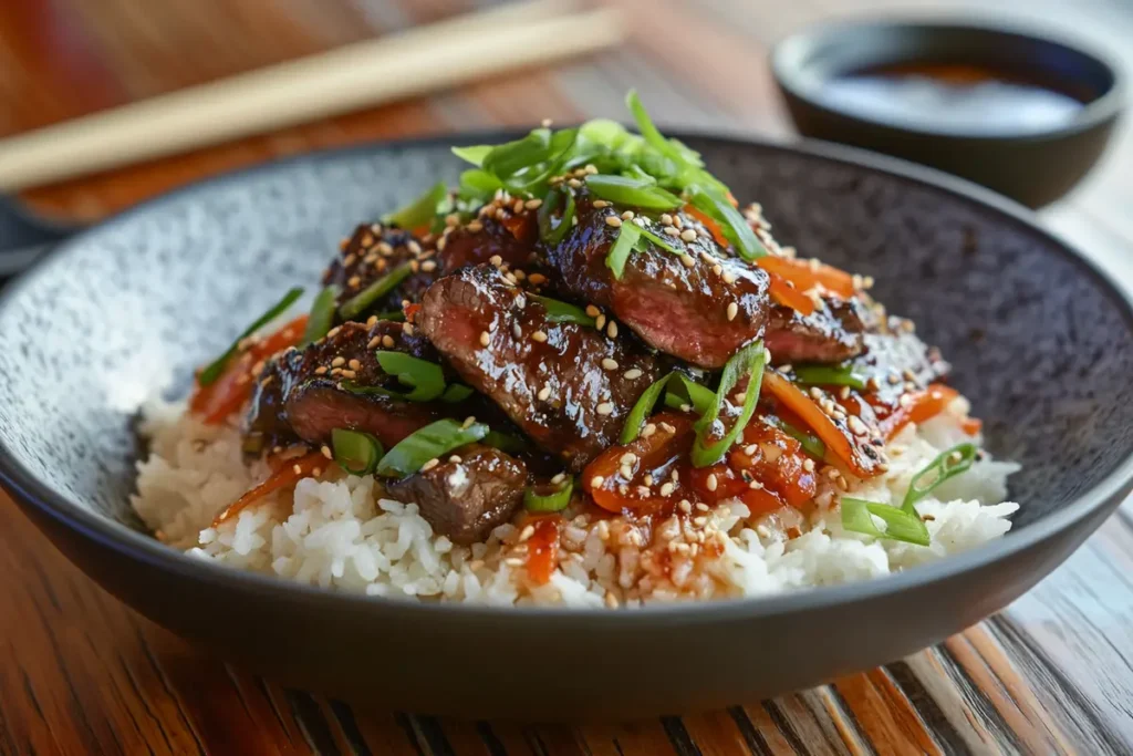 A vibrant plated dish of beef with garlic sauce served over steamed rice, garnished with sesame seeds, green onions, and carrots.