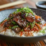 A vibrant plated dish of beef with garlic sauce served over steamed rice, garnished with sesame seeds, green onions, and carrots.