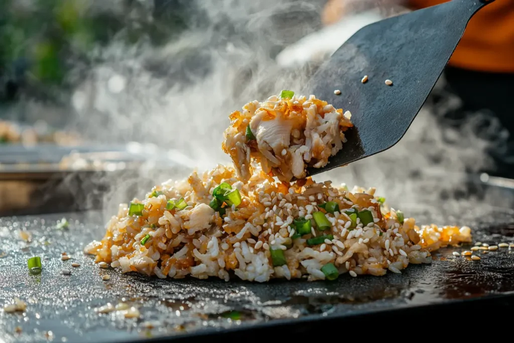 Freshly cooked Blackstone chicken fried rice being served with a spatula, garnished with green onions and sesame seeds, steaming on a griddle.