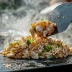 Freshly cooked Blackstone chicken fried rice being served with a spatula, garnished with green onions and sesame seeds, steaming on a griddle.