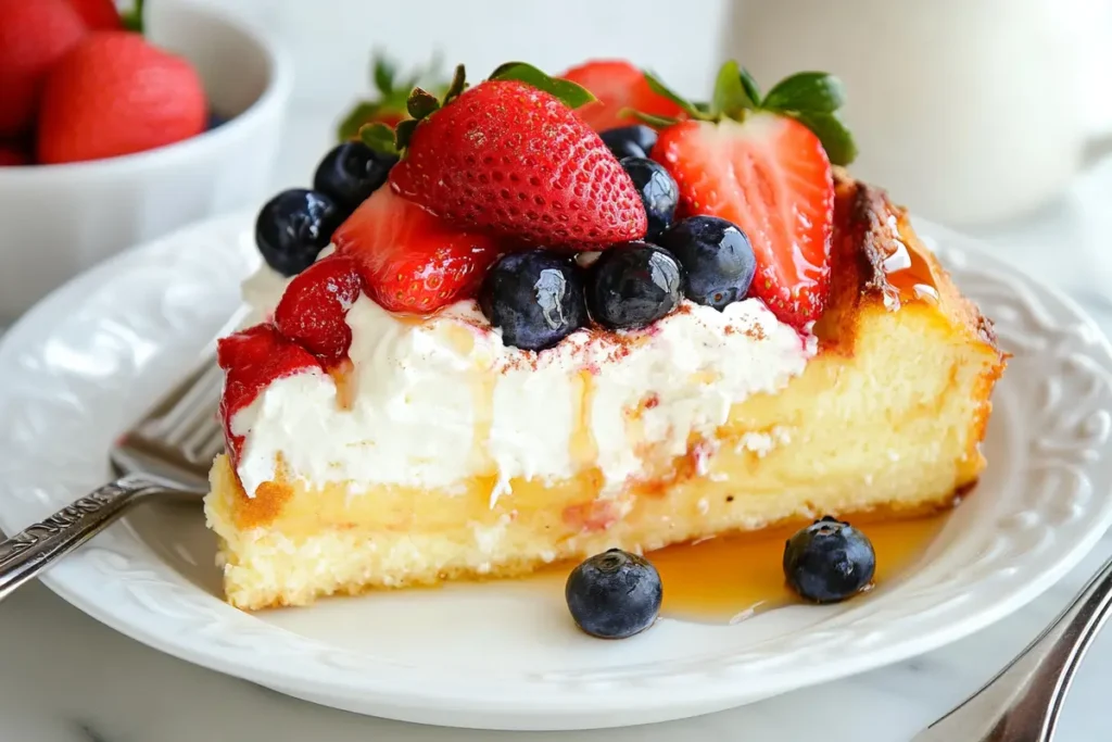 A slice of brioche French toast casserole topped with whipped cream, fresh strawberries, blueberries, and a drizzle of syrup.