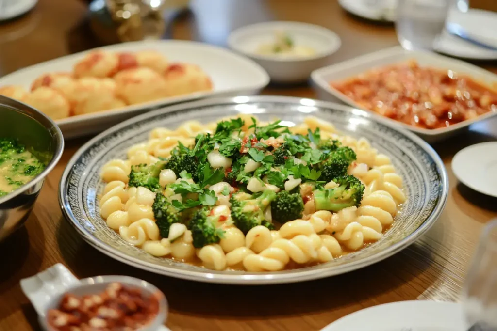 A plate of cavatelli pasta with broccoli and garlic garnished with fresh parsley, served on a wooden table alongside side dishes and condiments.