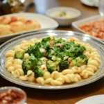 A plate of cavatelli pasta with broccoli and garlic garnished with fresh parsley, served on a wooden table alongside side dishes and condiments.