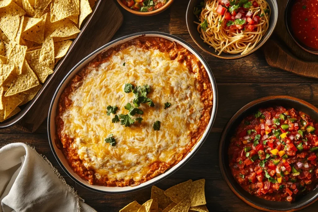 Cheesy baked dip served with tortilla chips, fresh salsa, and pasta.