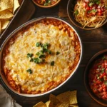 Cheesy baked dip served with tortilla chips, fresh salsa, and pasta.