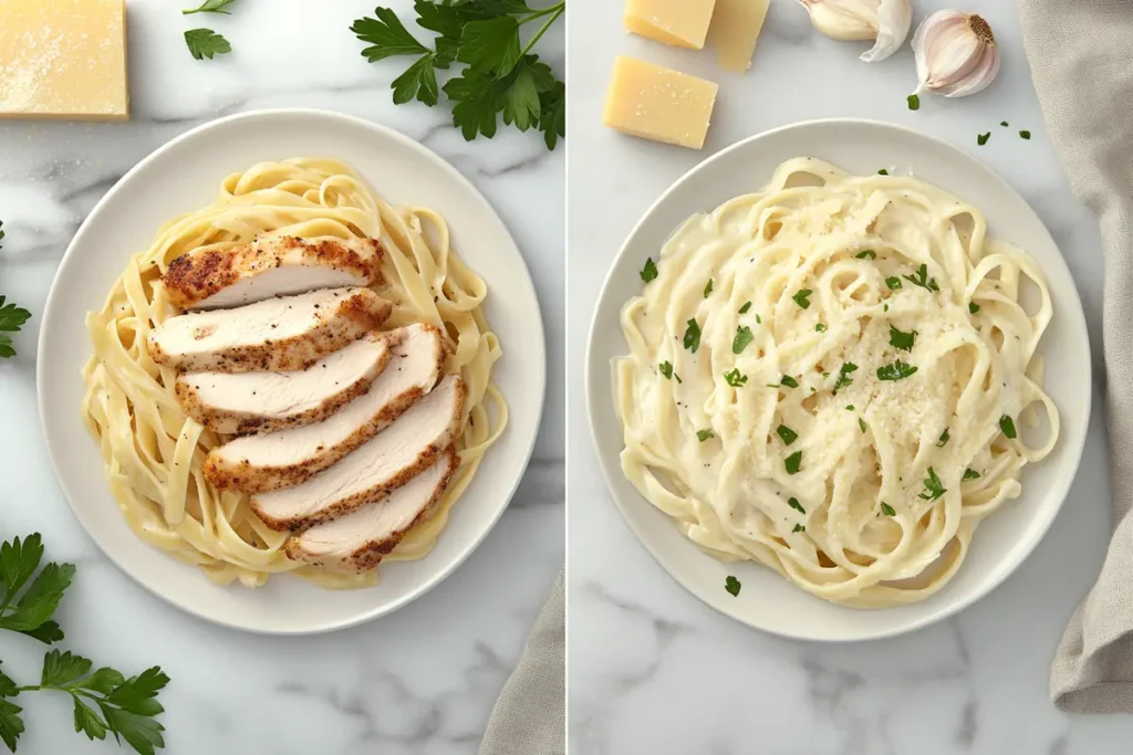 A side-by-side comparison of Chicken Alfredo and Fettuccine Alfredo dishes, highlighting the differences between the two iconic pasta dishes.