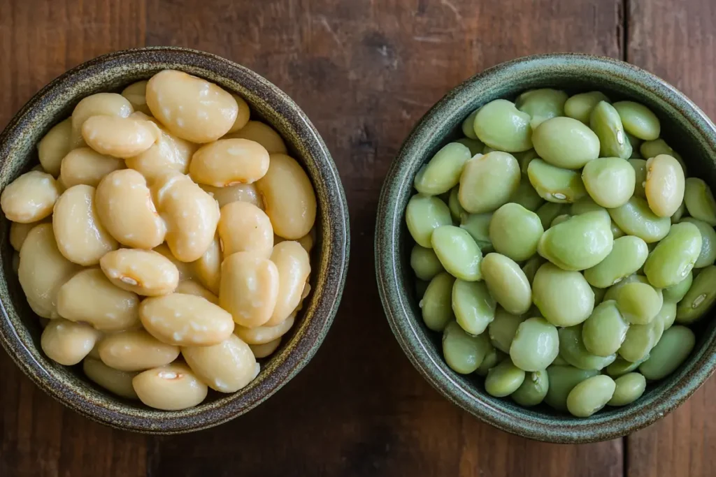 A close-up of two bowls side by side, one with cooked butter beans and the other with cooked lima beans, showcasing their distinct textures and colors.