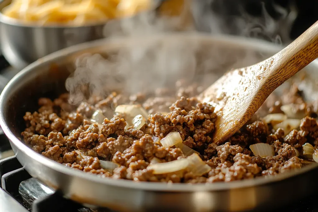 Ground beef browning in a skillet with sautéed onions and garlic, steam rising.