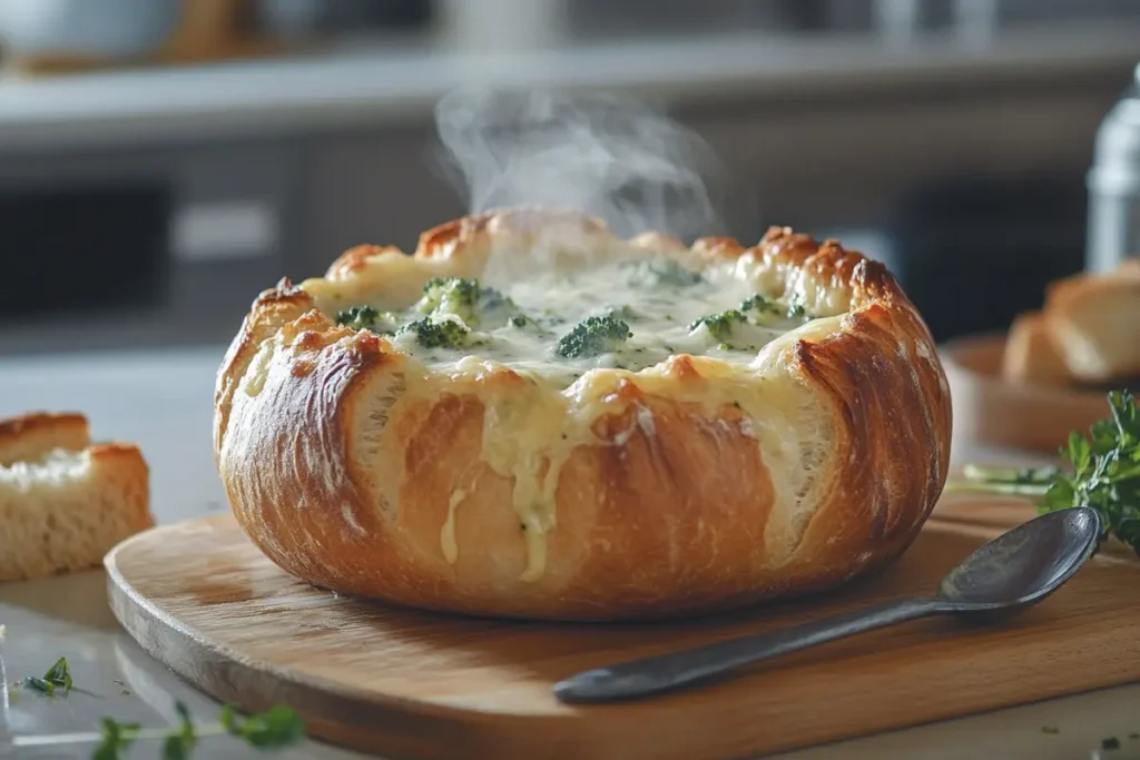 Sourdough bread bowl filled with creamy broccoli cheddar soup, topped with melted cheese and steam rising.