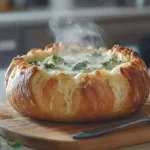 Sourdough bread bowl filled with creamy broccoli cheddar soup, topped with melted cheese and steam rising.