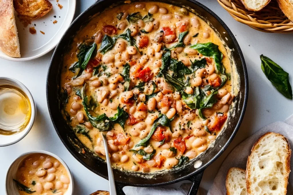 Creamy Tuscan white bean skillet with spinach, sun-dried tomatoes, and a creamy Parmesan sauce, served in a black skillet with bread on the side.