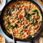 Creamy Tuscan white bean skillet with spinach, sun-dried tomatoes, and a creamy Parmesan sauce, served in a black skillet with bread on the side.