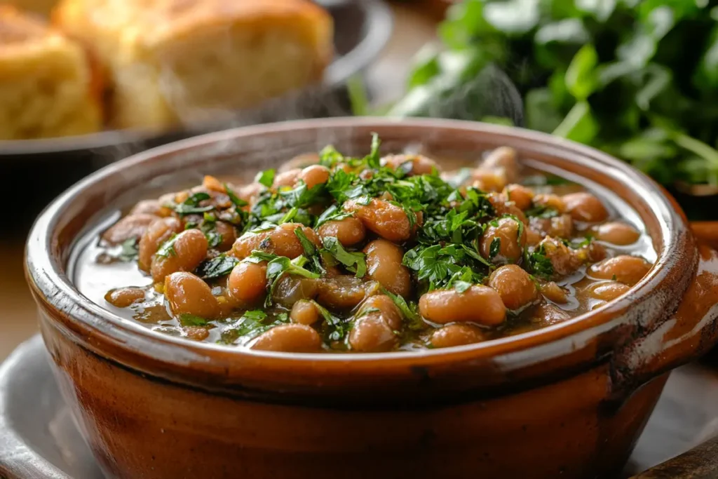 Southern-style speckled butter beans in a rustic ceramic bowl, garnished with fresh parsley.