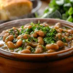 Southern-style speckled butter beans in a rustic ceramic bowl, garnished with fresh parsley.