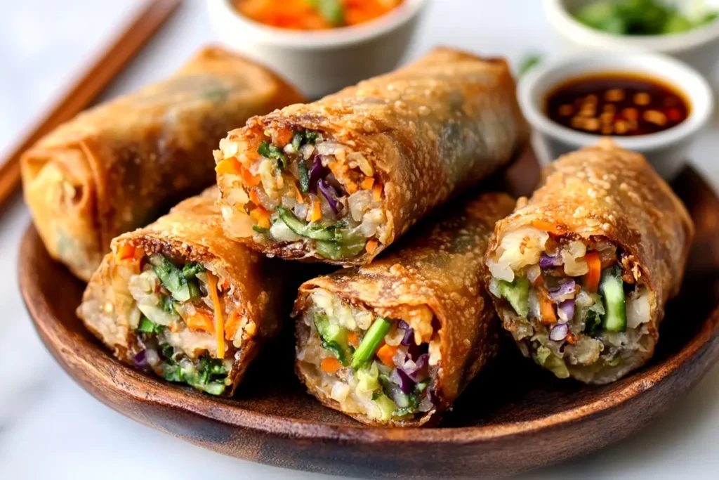 Close-up of crispy veggie egg rolls filled with colorful vegetables, served on a wooden platter with dipping sauces in the background.