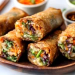 Close-up of crispy veggie egg rolls filled with colorful vegetables, served on a wooden platter with dipping sauces in the background.