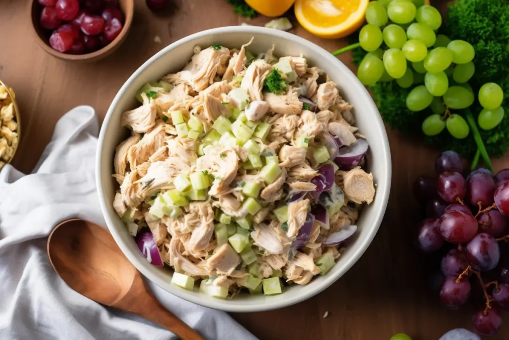 A bowl of homemade chicken salad with shredded rotisserie chicken, celery, and mayonnaise