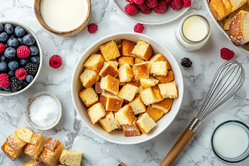  Flat lay of brioche French toast casserole ingredients on a marble counter.