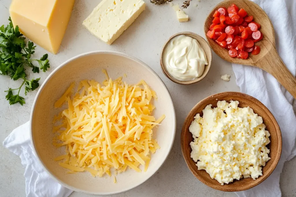 Core ingredients for Old Fashioned Pimento Cheese Recipe, including shredded cheddar cheese, diced pimentos, cream cheese, and mayonnaise, displayed on a wooden surface.