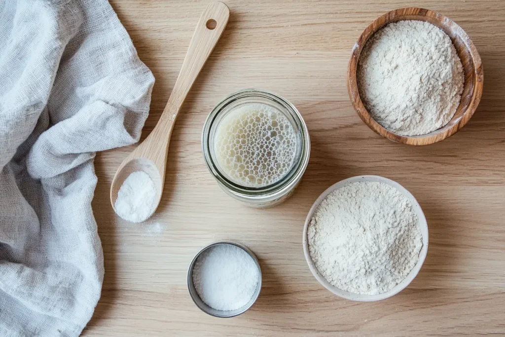 A rustic kitchen setup with sourdough bread ingredients, including sourdough starter, flour, salt, and water, arranged on a wooden countertop.
