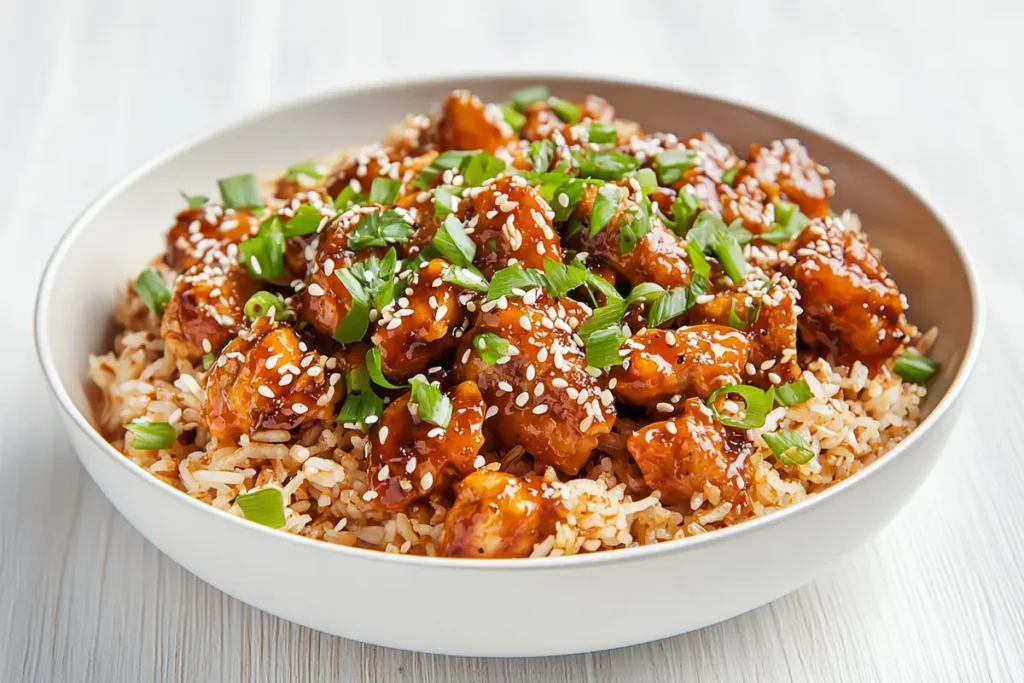 Served bowl of Blackstone chicken fried rice