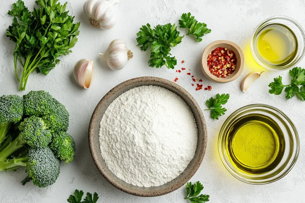 Ingredients for cavatelli pasta including broccoli, garlic, semolina flour, and olive oil

