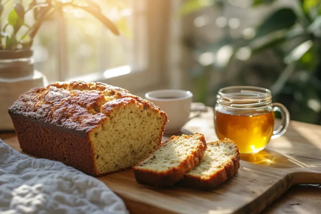 A loaf of 3 ingredient banana bread on a wooden cutting board, with two slices cut, accompanied by a cup of tea and a jar of honey.