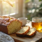 A loaf of 3 ingredient banana bread on a wooden cutting board, with two slices cut, accompanied by a cup of tea and a jar of honey.