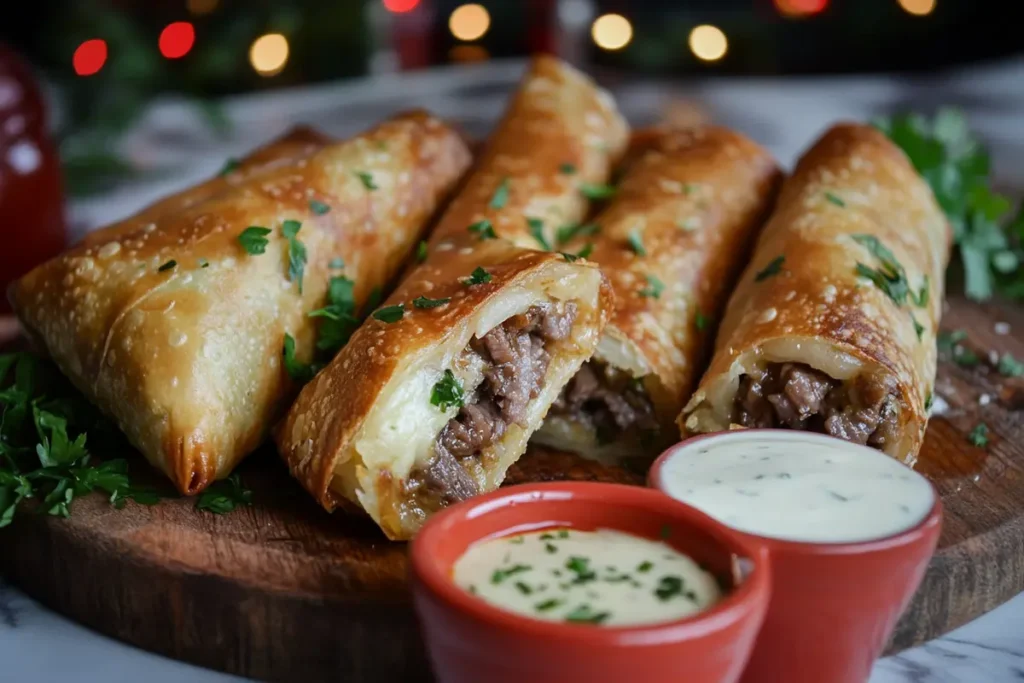 Cheesesteak egg rolls served on a wooden platter with dipping sauces and garnished with fresh parsley.