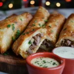 Cheesesteak egg rolls served on a wooden platter with dipping sauces and garnished with fresh parsley.