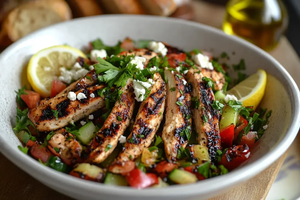 A bowl of Greek chicken salad featuring grilled chicken strips, cucumbers, tomatoes, red onions, and parsley, topped with feta cheese and served with lemon wedges.