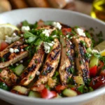 A bowl of Greek chicken salad featuring grilled chicken strips, cucumbers, tomatoes, red onions, and parsley, topped with feta cheese and served with lemon wedges.