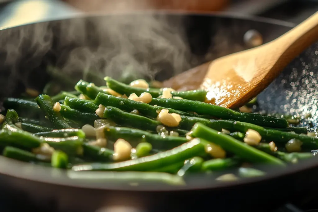 Best flavor to add to green beans: Fresh green beans being sautéed in garlic and olive oil in a pan