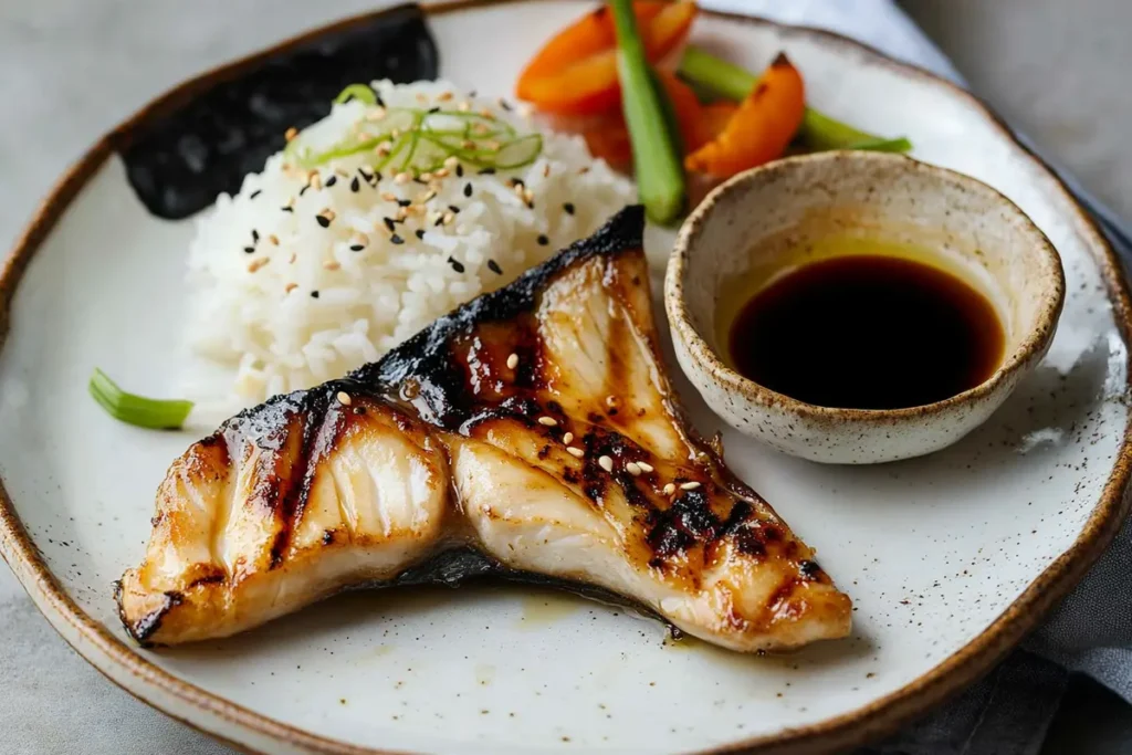 Grilled hamachi collar served with rice, vegetables, and dipping sauce.