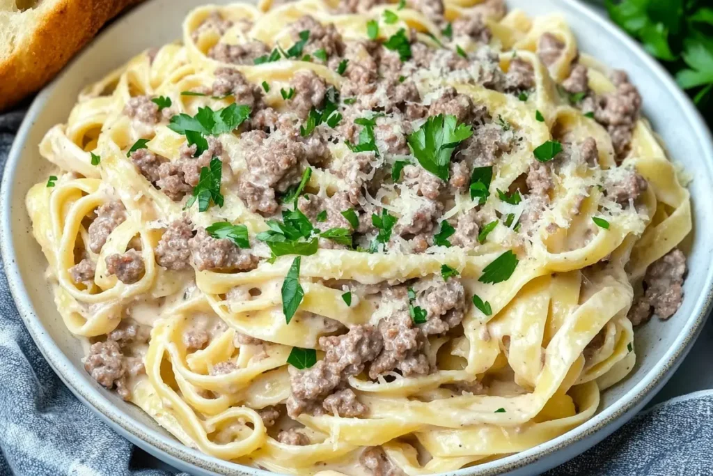 Ground Beef Alfredo pasta garnished with parsley and Parmesan cheese, served in a white bowl