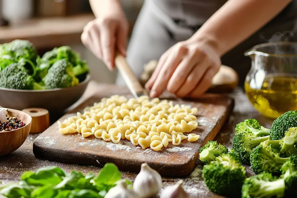 Step-by-step process of preparing and cooking cavatelli pasta

