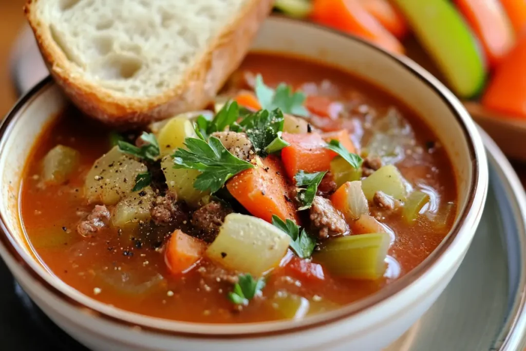 How to fix bland vegetable beef soup: A bowl of hearty vegetable beef soup with chunks of beef, carrots, celery, and potatoes, garnished with fresh parsley, sitting beside a slice of crusty bread.