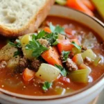 How to fix bland vegetable beef soup: A bowl of hearty vegetable beef soup with chunks of beef, carrots, celery, and potatoes, garnished with fresh parsley, sitting beside a slice of crusty bread.