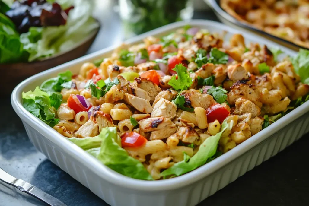 Leftover rotisserie chicken pasta salad with vegetables in a casserole dish.