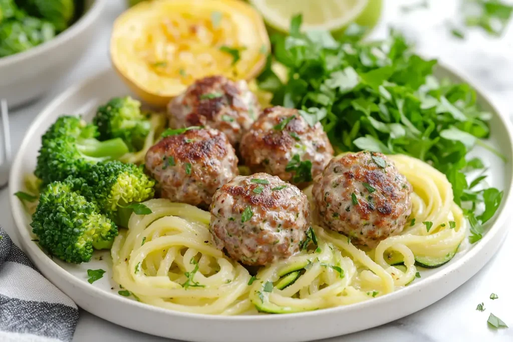 Alfredo meatballs served with zucchini noodles, spaghetti squash, and steamed vegetables