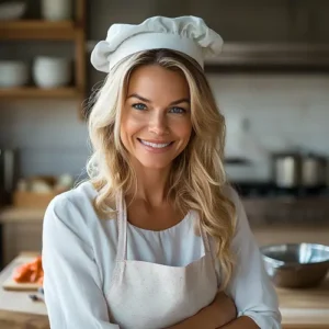 Smiling female AI chef in a home kitchen wearing a chef’s hat and apron, representing www.manualrecipes.com.