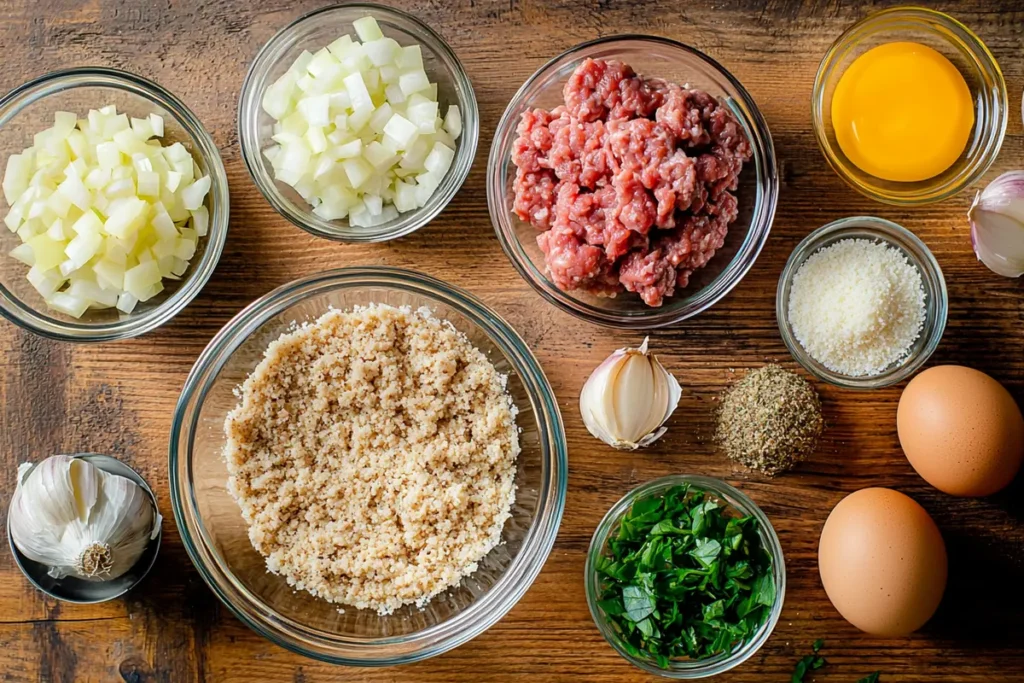 Ingredients for meatballs and Alfredo sauce separated in bowls